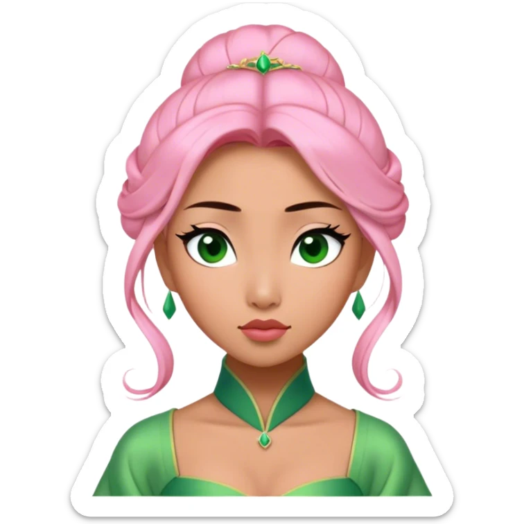 Cinematic Elegant Mulan Portrait Emoji, Dressed in her delicate green matchmaker gown, soft pink makeup, hair pinned perfectly, looking wistful yet radiant, eyes reflecting the depth of her spirit, capturing both her beauty and inner strength! sticker
