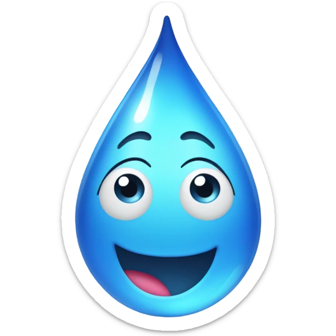 Generate a cheerful blue water droplet emoji with a happy face and sparkling freshness. sticker