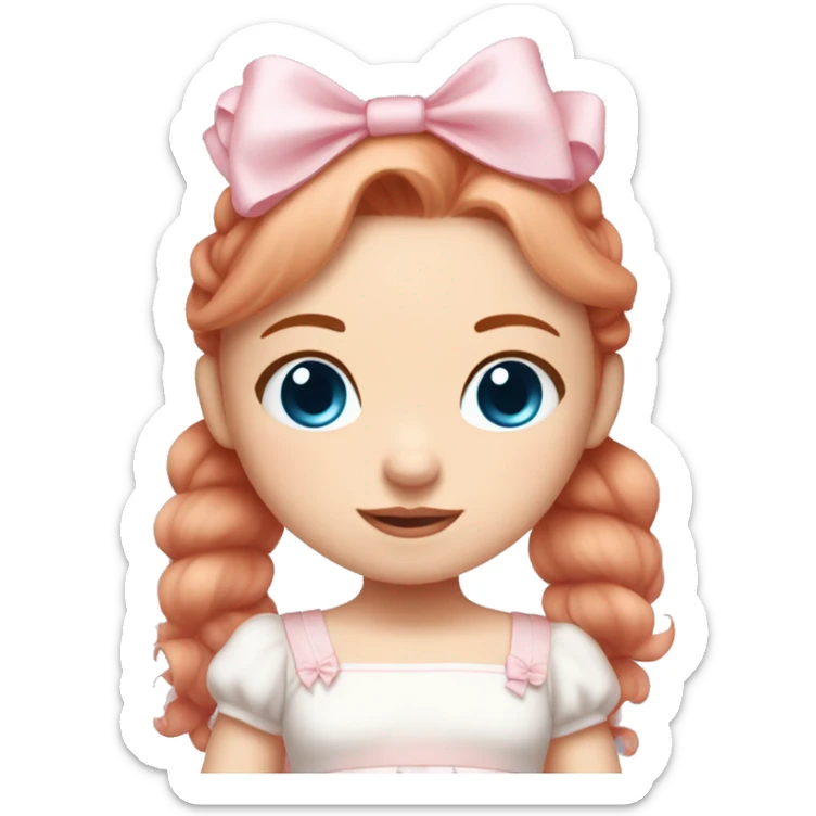 Little  babygirl with White skin, blue eyes. Light red hair in two ponytails, with light pink bows.  She is wearing a light pink and White dress, holding a teddybear with a pink bow. sticker