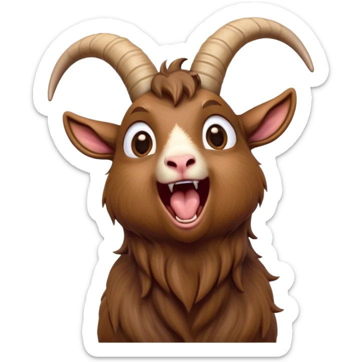 Cinematic Cute Yawning Brown Goat Portrait Emoji, Head tilted slightly with a dramatic, wide-open yawn, showcasing a soft, downy brown fur with delicate horns and gently drooping ears, round eyes barely open in drowsy contentment, Simplified yet irresistibly adorable features, highly detailed, glowing with a soft, cozy glow, high shine, relaxed yet expressive, stylized with a touch of rustic whimsy, bright and endearing, soft glowing outline, capturing the essence of a sleepy yet affectionate goat, so drowsy it feels like it could stretch out of the screen and curl up for a nap! sticker