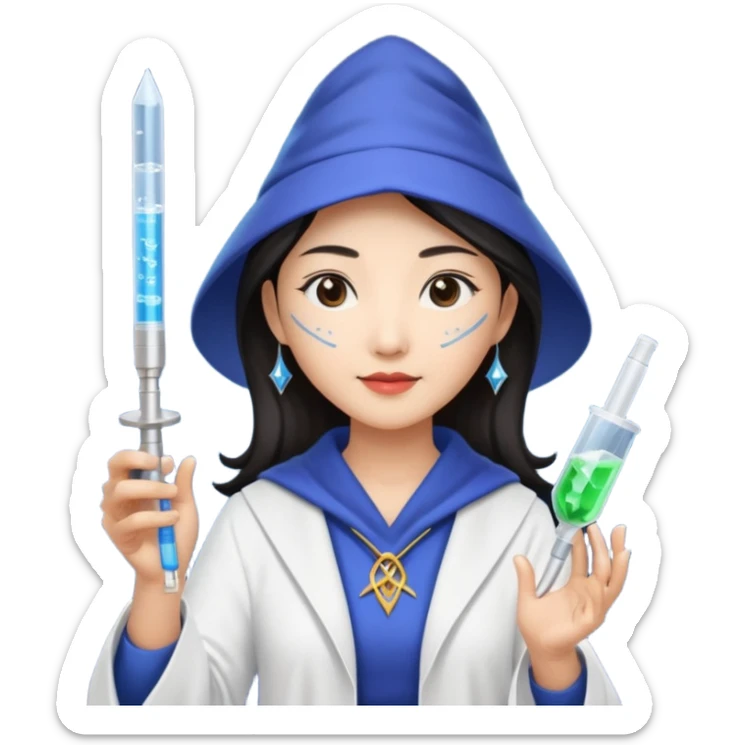 emoji of an asian woman wizard who wields a micropipette as a wand and a DNA helix spell coming from the pipette wand sticker