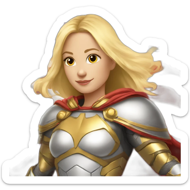 Super hero, girl, blonde, gold shoulder pad armor, American Flag for a cape, flying, horizontal sticker