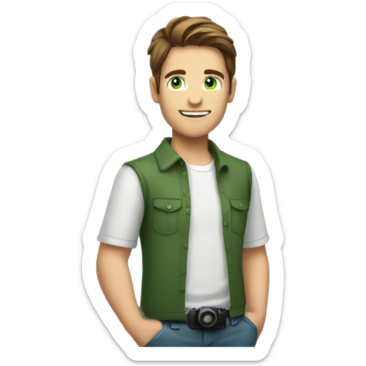 A young man with shoulder-length brown hair and green eyes holds a camera with a flash in his hands. Young man wearing a shirt sticker