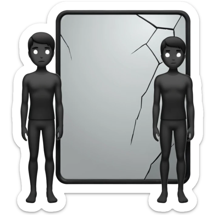 Minimalist emoji-style sticker of a person standing in front of a cracked mirror. The mirror shows a dark shadowy silhouette or distorted figure instead of a reflection. Flat black and white design with muted gray tones. No text. Bold, clean lines. Square composition. No shading or gradients. sticker