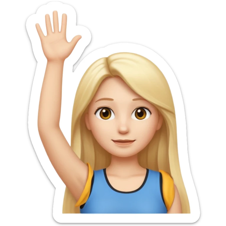 I want a white female animated gif emoji with long straight blonde hair putting hands up in the air. Wearing a tight no sleeve top  sticker