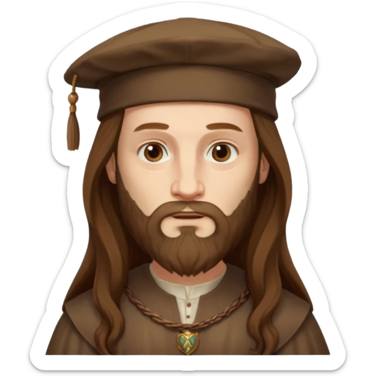 Leonardo da Vinci as an emoji, classic Renaissance look, long hair, beard, wearing a cap, neutral expression sticker