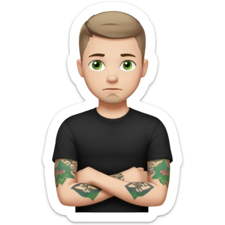 White young man with short dark taper fade hair cut and slight goatee and neutral expression with his arms folded. Green eyes and arm tattoos sticker