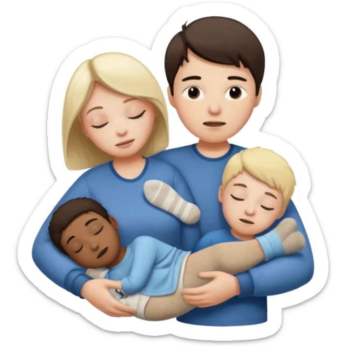 Create an emoji scene where a woman has fainted and a boy is making her smell his socks. Women sleep and boy smell his socks sticker