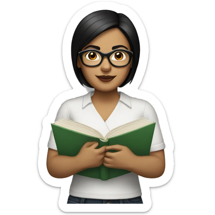 Hispanic woman with short straight black hair  and dark glasses with a book sticker