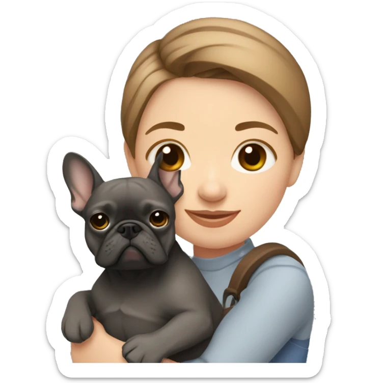 light brown hair woman hugging a dark gray french bulldog sticker