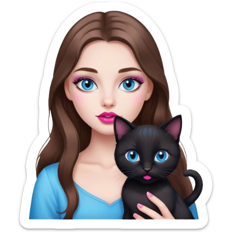 pretty girl long brown hair, blue eyes, makeup with black kitten and pink lips sticker