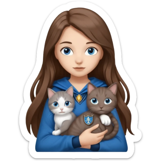 gorgeous Girl with light skin, blue eyes, long brown hair, wears a ravenclaw outfit, with a grey and white cat holding in her arms sticker