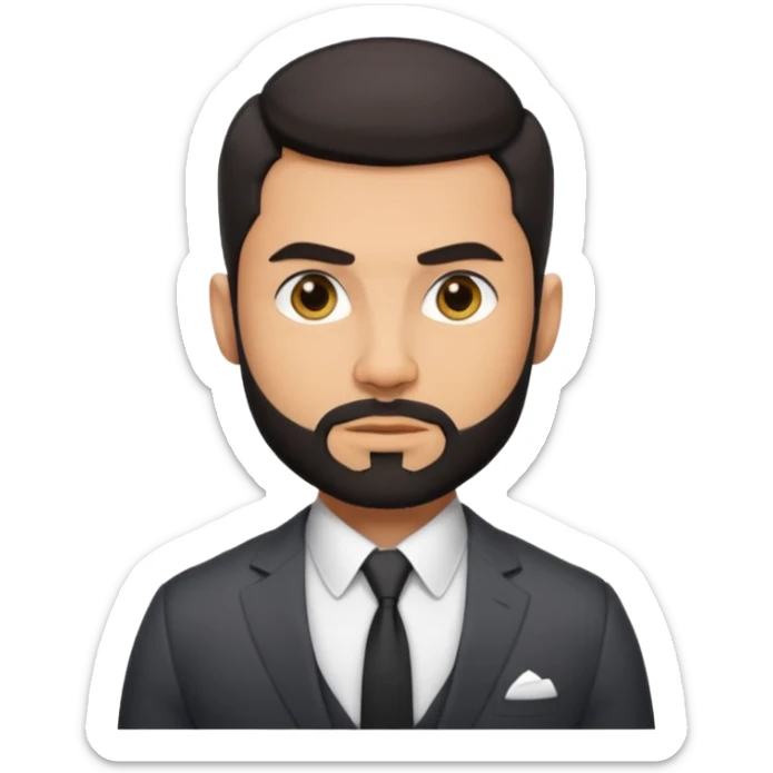 green eyes, dark short hair, muscular shoulders, big lips big nose big eyes, masculine good looking, dark beard wearing a suit . buttons of the shirt open. and olive skin tone  sticker