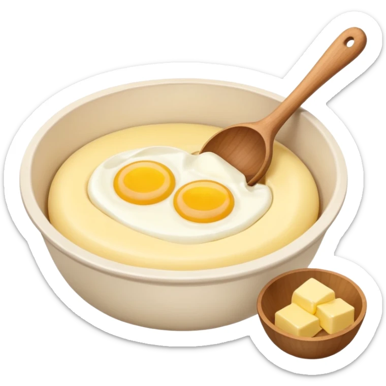 A cream ceramic baking bowl with a wooden spoon in it, next to it is a carton of eggs and butter sticker