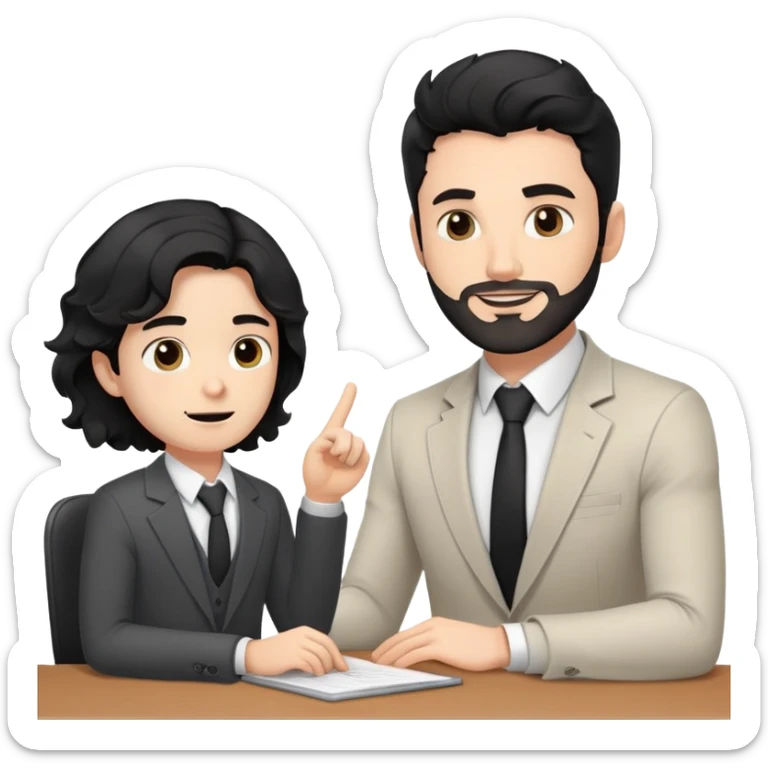Professional 35-year-old man with black wavy hair, stubble, strong jawline, white skin tone, wearing smart casual business attire, sitting across from a young professional, providing one-on-one mentorship, gesturing with supportive and guiding expression sticker