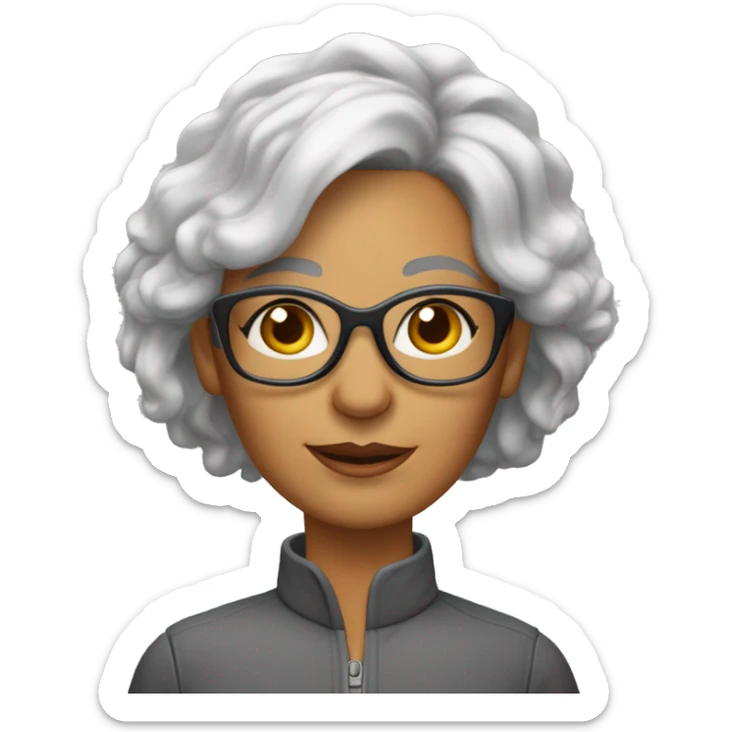 Femme de 55 ans avec cheveux gris blancs très court sans volume avec des lunettes de vue verres non teintés et pas très grande avec une corpulence maigre sticker