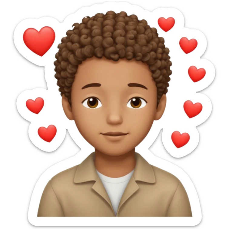 Brown boy with a dro fade haircut his hair is curly dreaming about his girlfriend small smirk on his face eyes closed with a little heart above his head sticker
