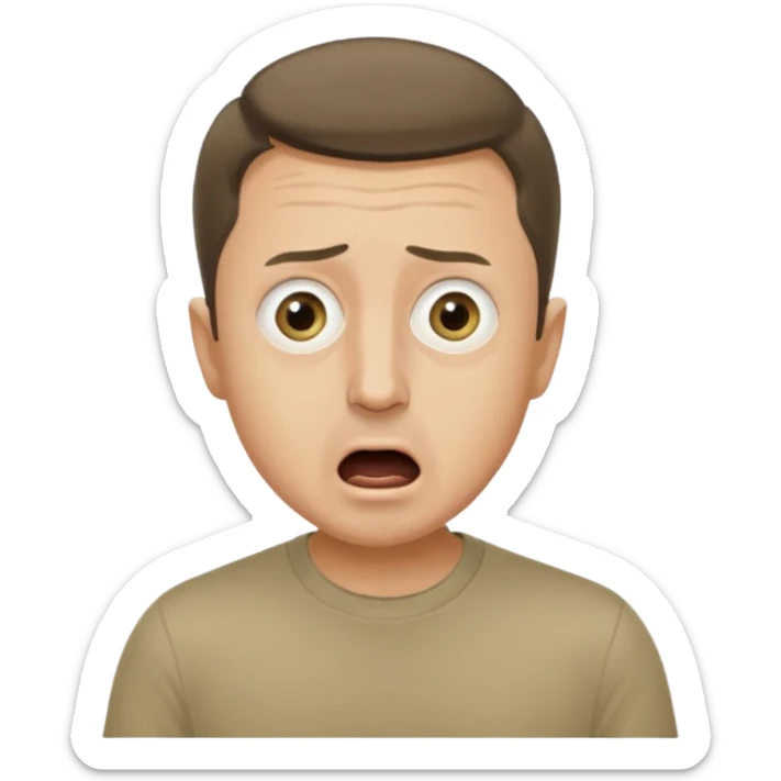 generate an emoji of Vladimir Zelensky in a khaki T-shirt. the emotion of intense surprise from fear. 4 different options sticker