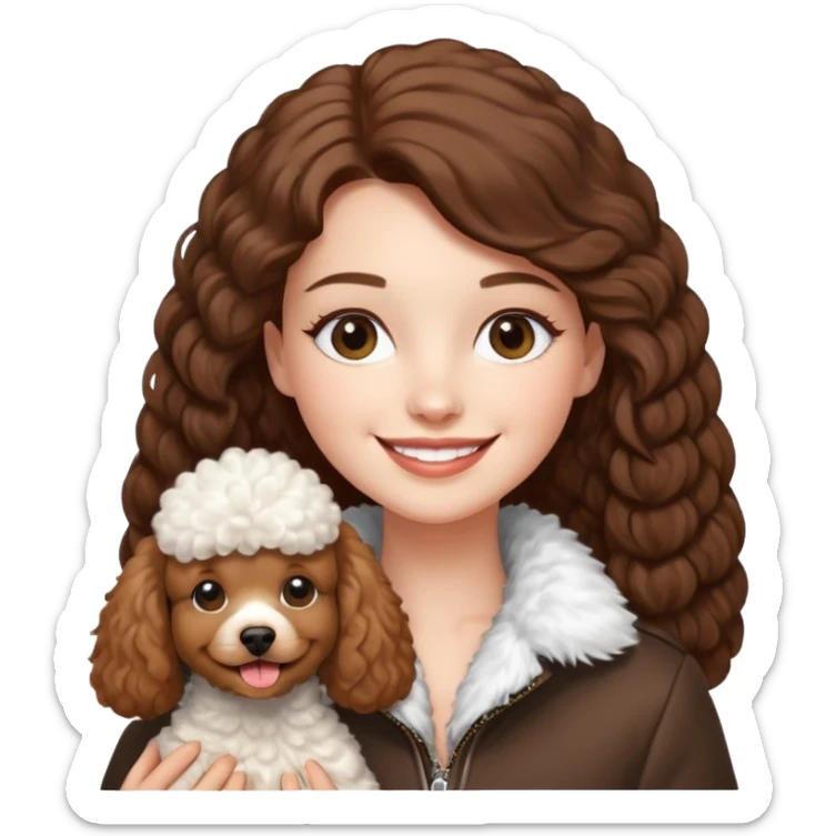 A white girl smiles a broad smile. She parts a long straight brown hair in middle. and she wears a white fur jacket. She also holds one brown poodle. sticker