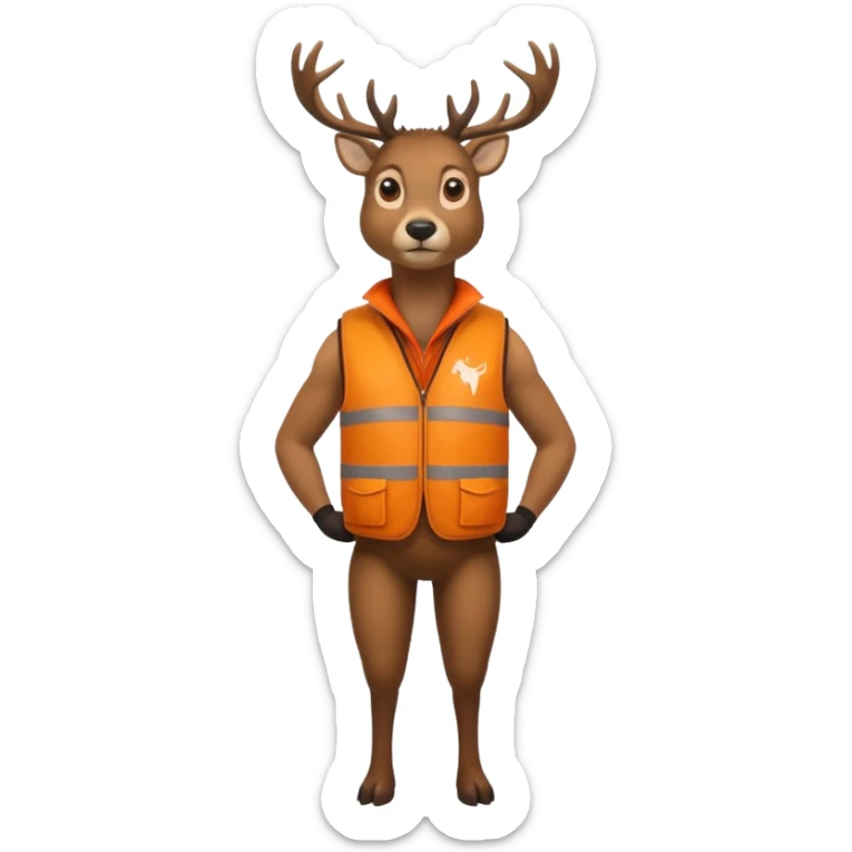 crea un venado de cuerpo completo que lleve un chaleco color naranja y que el chaleco lleve en el lado izquierdo el nombre de (telamon), hazlo mas rudo sticker