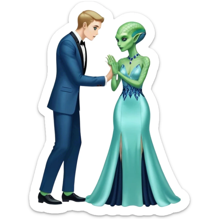 alien reptilian green skin woman, in long slim pastel blue formal party satin dress with gradient shiny sparkling navy blue diamonds embroidered , and caucasian man in black dres on his knees asks her to marry her sticker