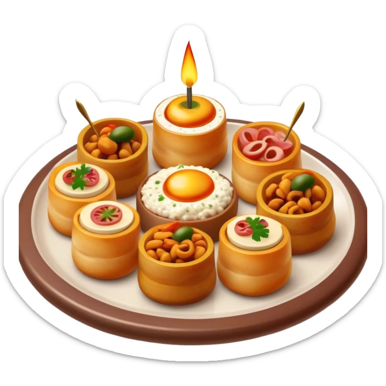 Tapas (4 Pintxos) Cinematic Realistic Tapas Dish Emoji, depicted as an assortment of 4 pintxos elegantly arranged on a plate, rendered with lifelike textures and vibrant, inviting lighting. sticker