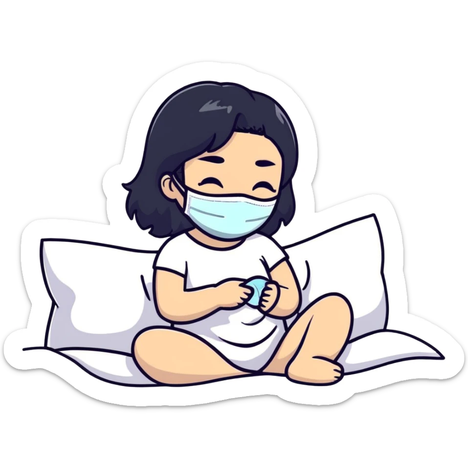 white girl with black hair doing self care, spa day, relaxing with face mask sticker