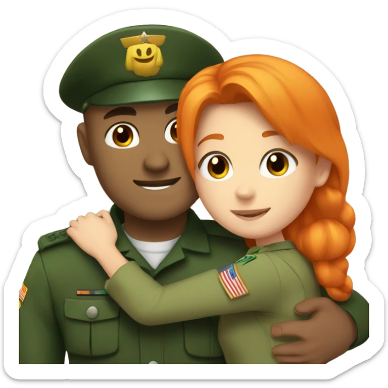 a orange hair girl hugs, a dark haired white man in a green military uniform sticker