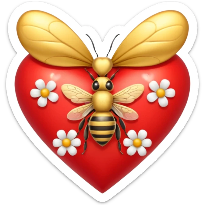heart with flowers and bees, gold bow with heart pattern on the bow, apple emoji style sticker