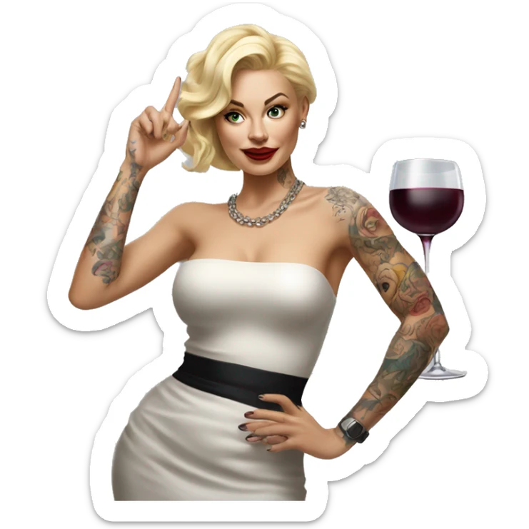 Blonde elegant women, her body covered with tattoos, wine in her one hand, Pointing Forward with her Other Hand , Hyper realistic sticker