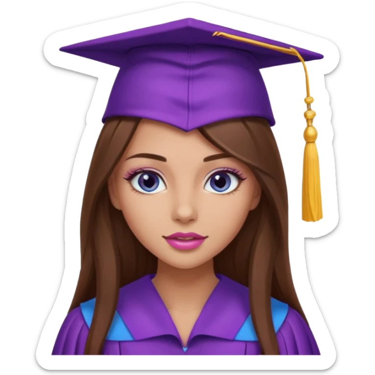 pretty girl with beautiful extremely long brown hair, blue eyes, long lashes makeup, sexy pink lips, wearing a purple graduation cap and gown sticker