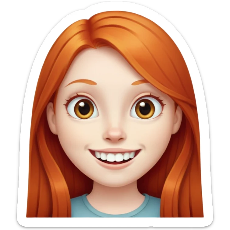traditional emoji of young girl with very pale skin, long straight bright ginger red hair, very big wide human eyes, wide nose, big smile with extremely large prominent teeth showing, classic round face sticker