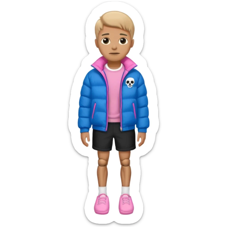 A skeleton with a white shirt blue puffer black shorts and pink slippers sticker