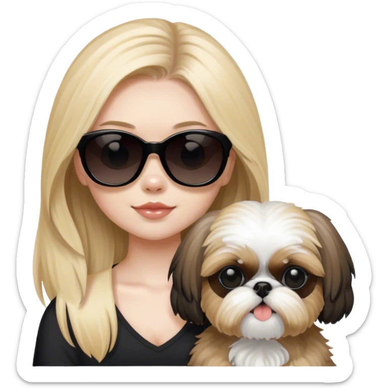 Blonde girl with long hair and pale skin and black sunglasses holding tan shit Tzu and a black Shih Tzu sticker