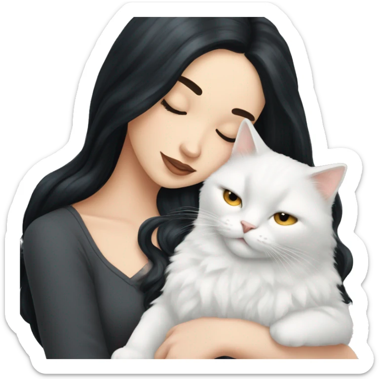 A pretty white girl with very long black hair and sleeping curled up to a white cat  sticker