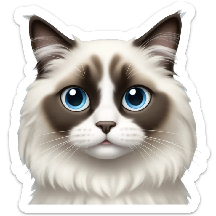 Cute ragdoll cat with black face in the center and slowly turning to white, big light blue eyes, adorable emoji sticker