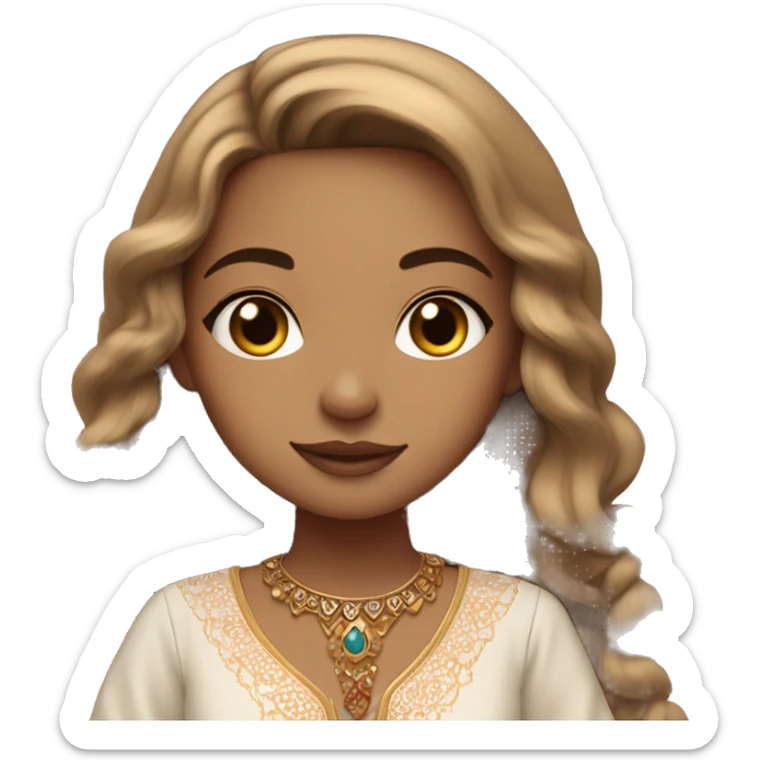 girl with long light brown hair, with a lil bit of makeup she’s standing and she’s wearing a Moroccan traditional dress sticker