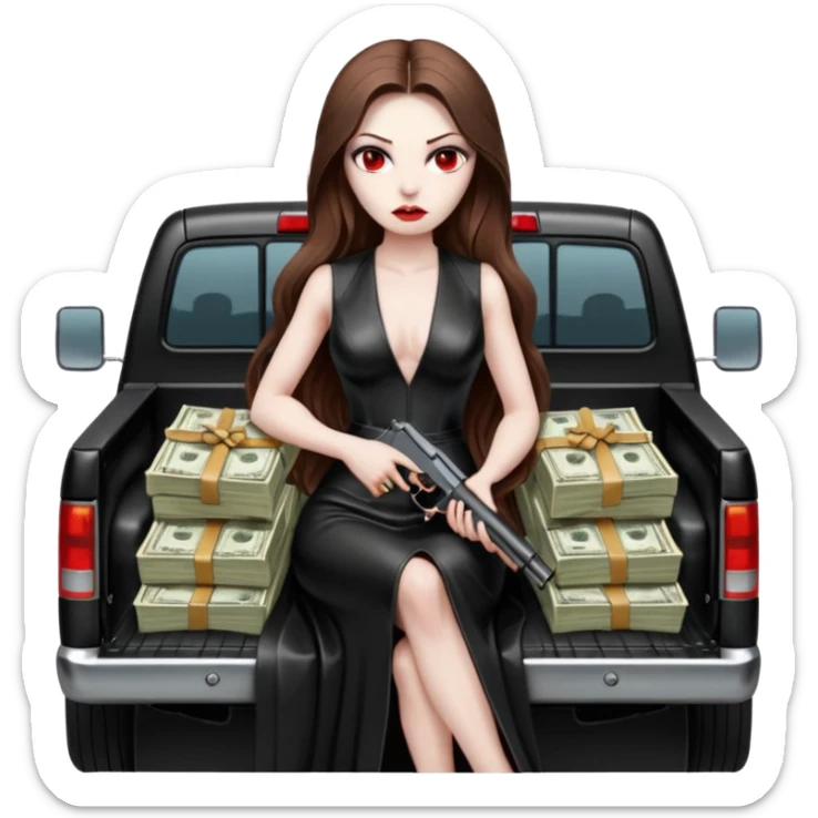 Lilith symbol red eye seductress evil long brown haired sexy succubus woman with leather long dress with slit on, sitting in Big Large F350 pickup truck. Back seat full of stacks of cash, she is  Holding a human skull of her enemies and a gun in other hand sticker