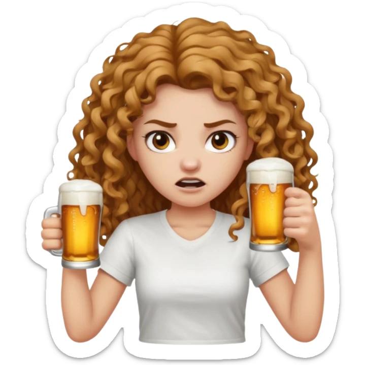 Girl with long light brown curly hair and white t-shirt with beers on hand and angry face sticker