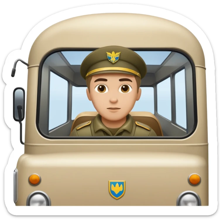 a small bus with a Ukrainian soldier leaning out of the window sticker