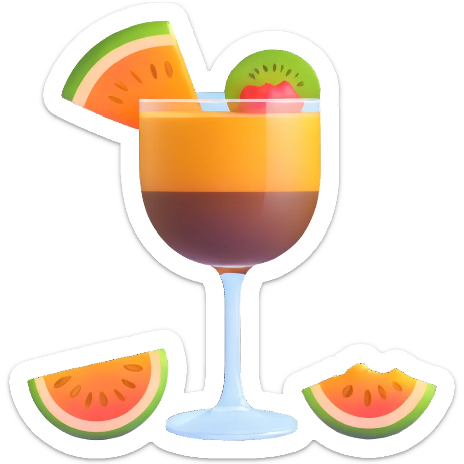 traditional layered carajillo in small clear glass showing golden liquor at bottom and coffee on top, with cantaloupe melon slice beside it sticker