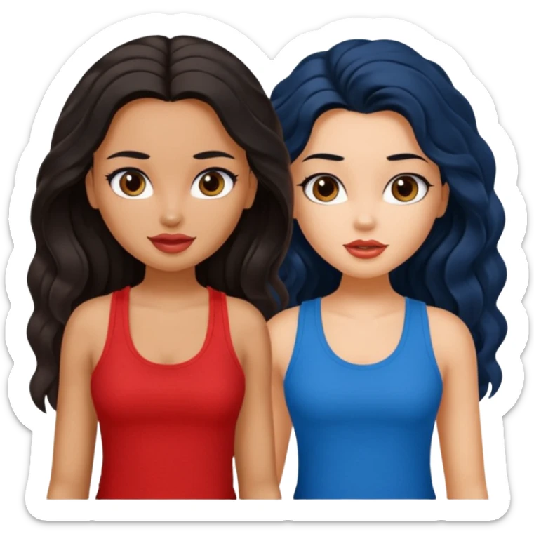 generate a pretty tan bratz girl with brown wavy hair long wearing a red tank top. talking to a girl with black hair wearing blue sticker
