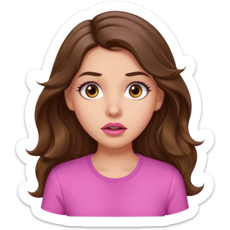 girl with long wavy brown hair, brown eyes, light to medium complexion, in a pink shirt, pink lips, long lashes, surprised sticker