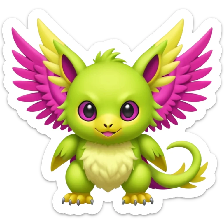 Lime-green and Yellow and Magenta furry cute kawaii winged Fakémon-Scalie-Digimon-creature (full body) sticker