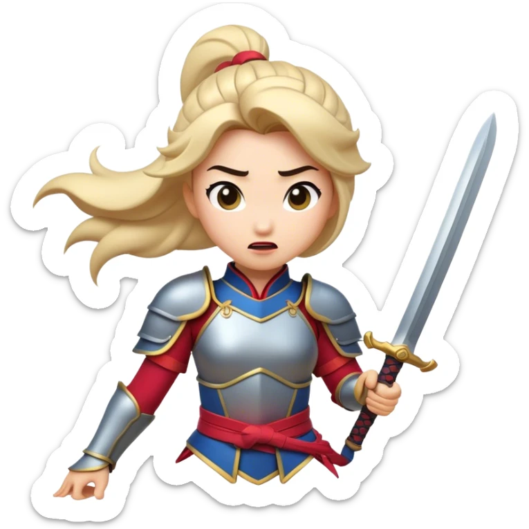 Cinematic Funny Mulan Portrait Emoji, Wearing her training armor too big, looking surprised as a sword nearly topples her over, a mix of warrior determination and hilarious inexperience, a comical yet endearing moment in her transformation! sticker