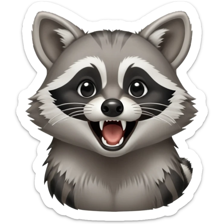 Cinematic-Noble- Yawning Raccoon-Portrait-Emoji – Poised and confident, wide-open yawn, revealing a soft grey with a sturdy build and a beautifully textured fur of silver-grey accented by dark black facial markings, deep-set, big black eyes, simplified yet sharp and sophisticated zoom out to show shoulders sticker