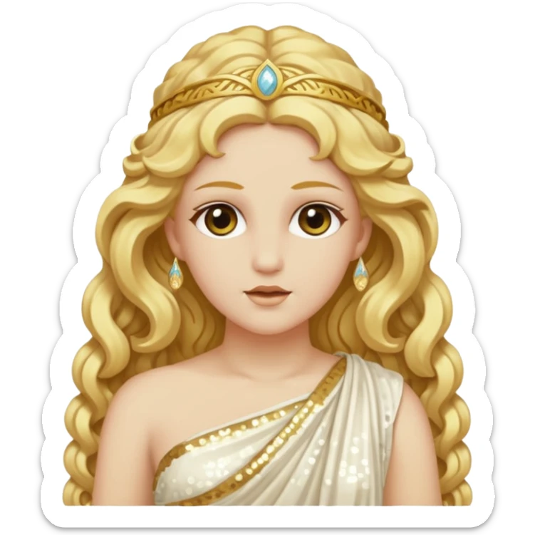 Psyche, Goddess of Soul from Roman Deities with long golden blonde wavy hair, ivory sequin toga sticker
