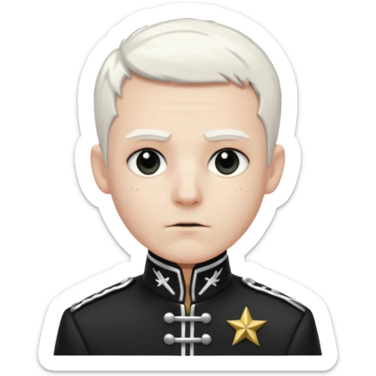 Head and shoulders emoji of a pale man with short white hair, wearing a black marching band jacket with silver trim. black eyeliner. Expression stoic, commanding, and theatrical, heroic emo style sticker