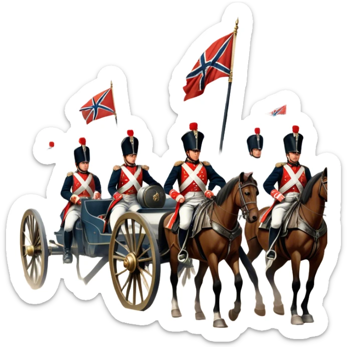 A vintage movie poster-style design depicting a dramatic Napoleonic War scene. Include soldiers in period uniforms, cannons, and a battlefield with flags and horses. The background should evoke a sense of battle and history, with old-fashioned cinematic flair. Transparent background. sticker