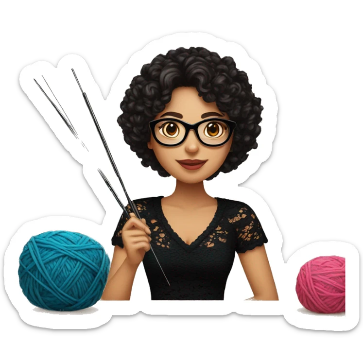 Hispanic woman with black glasses long dark brown curly hair holding crochet needle and yarn wearing a black lace shirt sticker